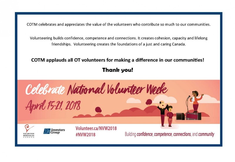 Banner reads Celebrate National Volunteer Week April 15 - 21, 2018. COTM applauds all OT volunteers for making a difference in our communities. Thank you!